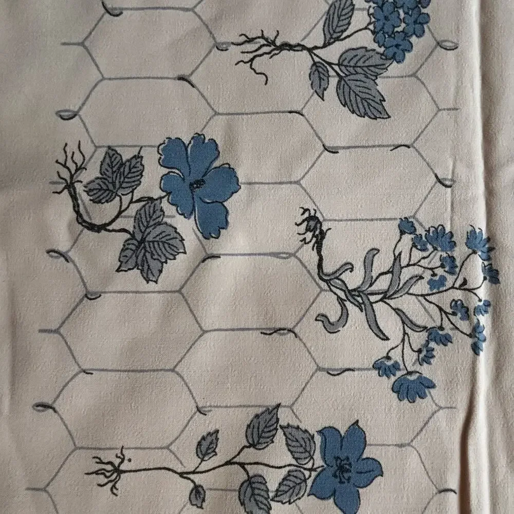 Vintage tablecloth printed cotton rectangle faded PINK blue & gray floral design